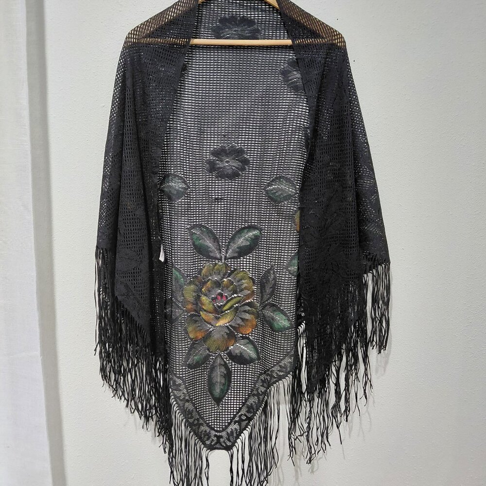 Vintage Black Floral Fringe Shawl with Green and Gold Accents